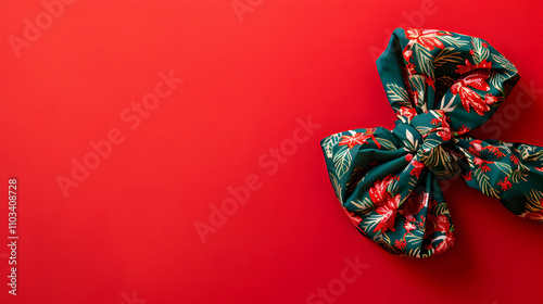 Furoshiki gift, Zero waste Christmas, flat lay on red green background. Web banner with copy space.