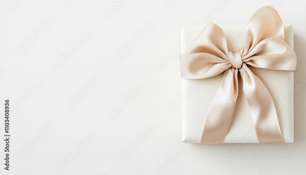 Elegant white gift box with beige bow on white background Elegant white gift box with beige bow on white background