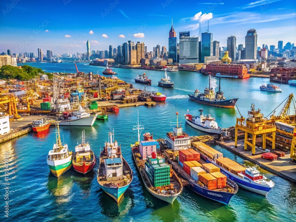 Fototapeta premium Bustling Harbour with Boats and Cranes on the Left Side, Showcasing Vibrant Activity and Copy Space for Text or Branding Use, Perfect for Maritime and Shipping Themes
