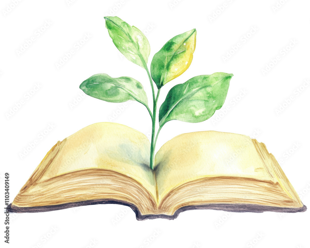 Open book with a green plant growing from its pages, symbolizing knowledge and growth. Open book with a green plant growing from its pages, symbolizing knowledge and growth.