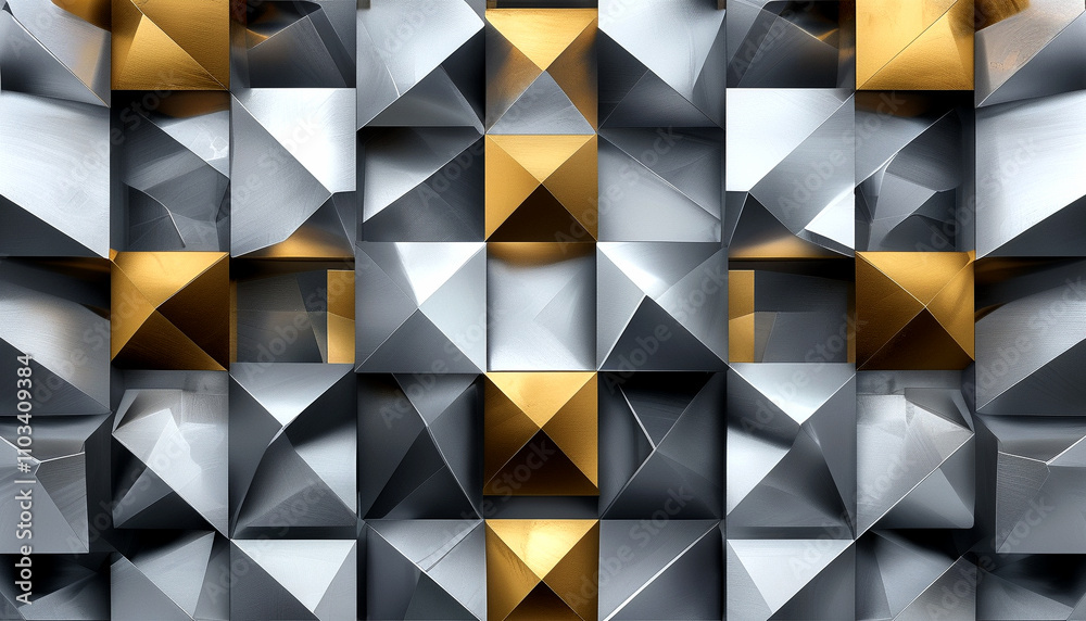 Unique geometric pattern featuring metallic shapes in silver and gold tones Unique geometric pattern featuring metallic shapes in silver and gold tones