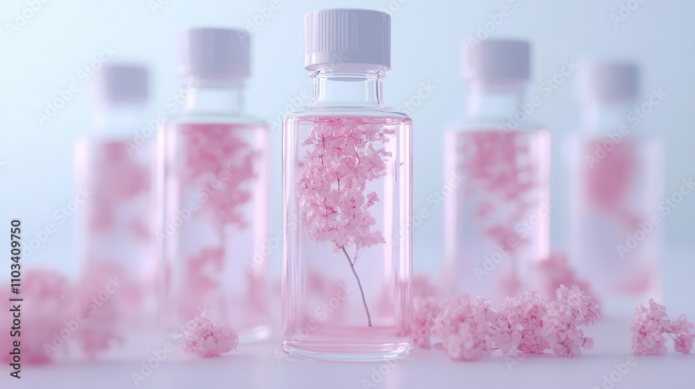 A collection of elegant glass bottles filled with pink floral essence A collection of elegant glass bottles filled with pink floral essence