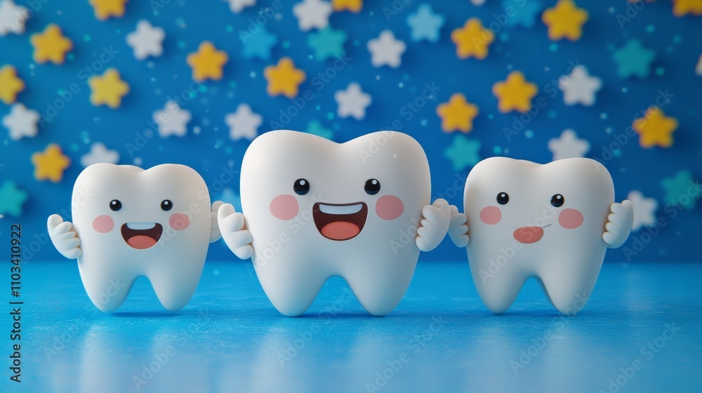 Three Happy, White Cartoon Teeth Characters Giving Thumbs Up on a Blue, Starry Background Three Happy, White Cartoon Teeth Characters Giving Thumbs Up on a Blue, Starry Background