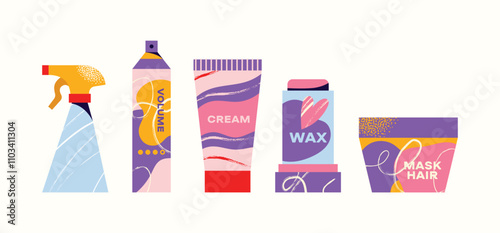 Set cosmetics hair care routine. Beauty care for curly girl method. Hair care bottle styling, cleansing, treatment for kinky hair. Doodle style. Vector illustration isolated on background