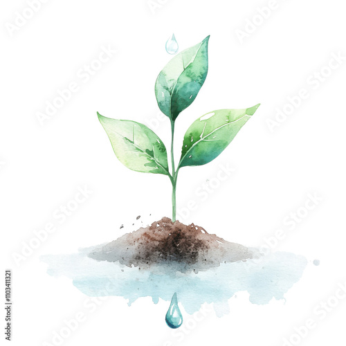 Green plant sprouting from soil with a water droplet, white isolate background