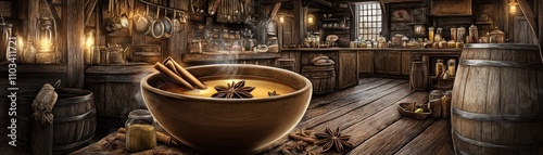 A rustic kitchen scene featuring a large bowl of spiced drink surrounded by wooden decor.