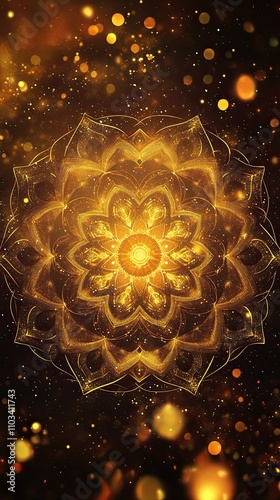 A gold flower with a lot of sparkles and a dark background