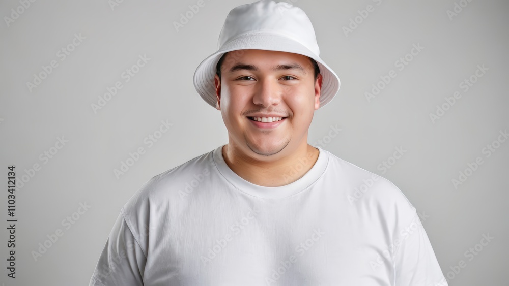 Plus size young man wearing white t-shirt and white bucket hat isolated on grey background
