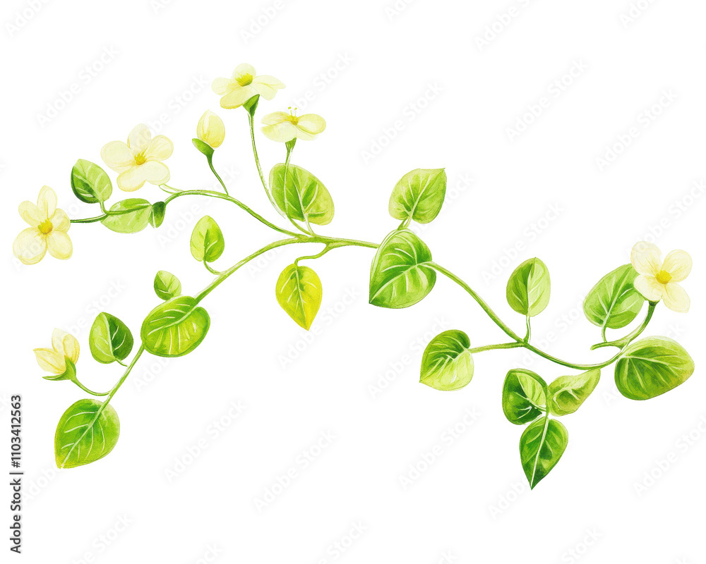 Delicate white flowers on green vines against a white isolated background. Delicate white flowers on green vines against a white isolated background.