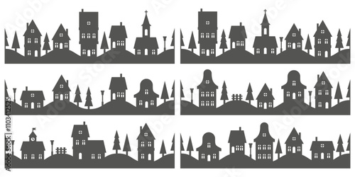 Silhouette of neighborhood houses. Small homes and buildings on skyline. Christmas town and village on white background. Row of cottages on the street with fir trees and church. Seamless border