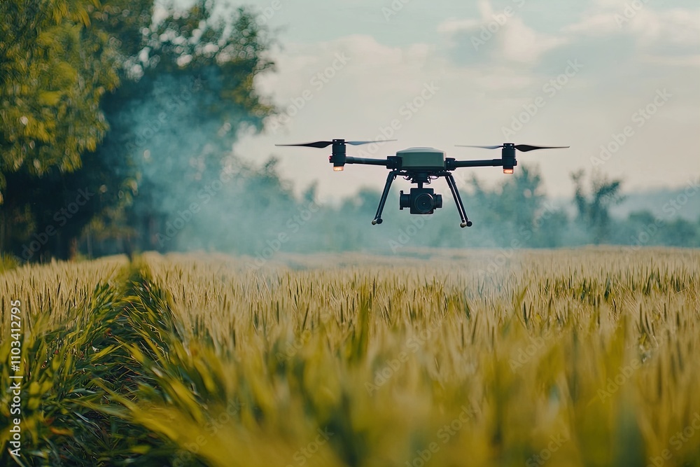 Drone surveying a lush rice field during a sunny afternoon in rural landscape Drone surveying a lush rice field during a sunny afternoon in rural landscape