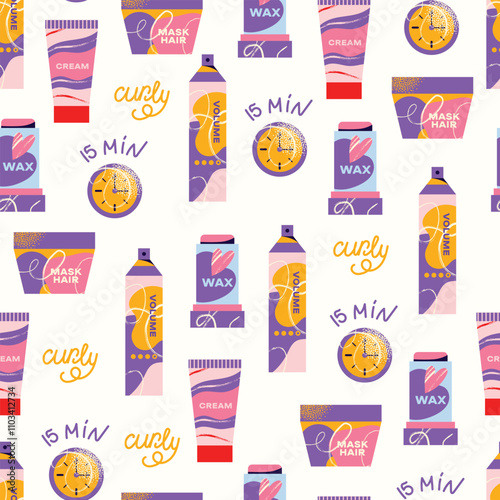 Seamless pattern cosmetics hair care routine. Beauty care for curly girl method. Hair care bottle styling, cleansing, treatment for kinky hair. Doodle style. Vector illustration isolated on background