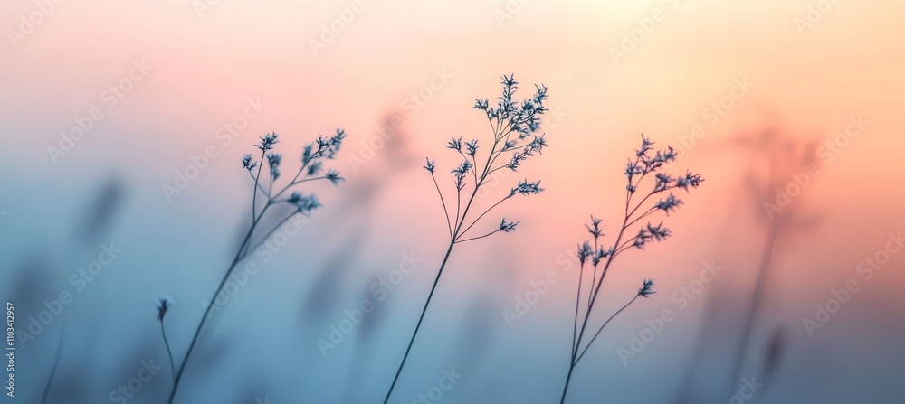 Obraz premium Silhouettes of Delicate Wildflowers Against a Soft Pastel Sunset, Minimalist Nature Serenity