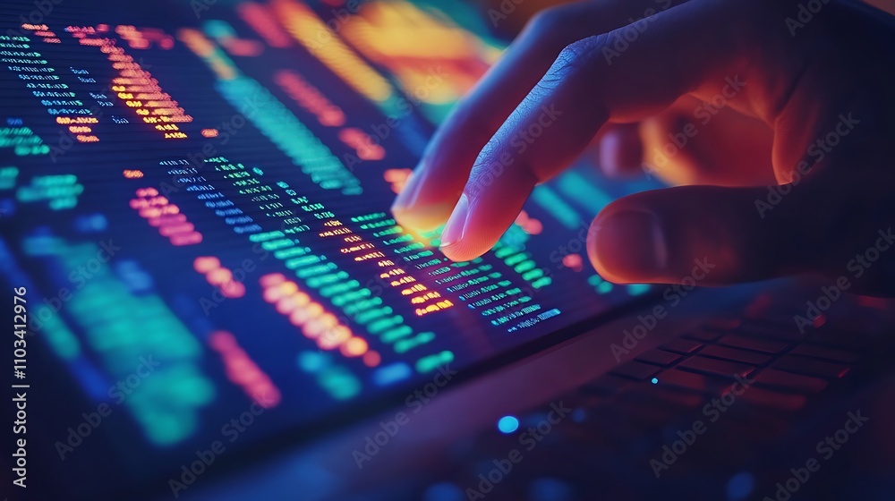 Close-up of fingers highlighting rows and cells in a colorful spreadsheet displayed on a sleek laptop screen, vibrant data grids and bold columns in sharp focus, Close-up of fingers highlighting rows and cells in a colorful spreadsheet displayed on a sleek laptop screen, vibrant data grids and bold columns in sharp focus,