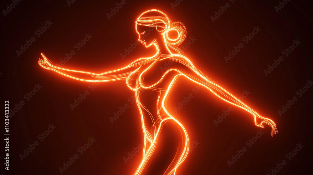 neon light outline of body woman dancing on dark background neon light outline of body woman dancing on dark background