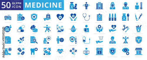 Medicine icon set of fever, efficacy, symptom, health, pharmacist, injury, vaccination, treatment, antibiotic, dosage, anatomy, hospital, therapy, clinic, tablet, insurance, nurse, laboratory, pill