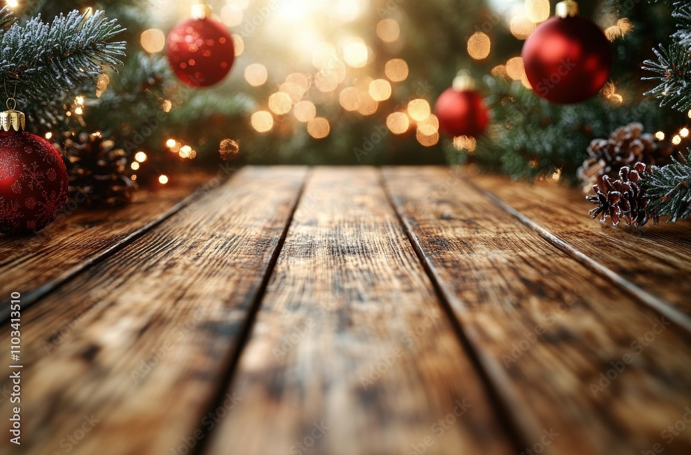 A wooden table with a red background and a bunch of Christmas ornaments A wooden table with a red background and a bunch of Christmas ornaments