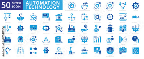 Automation technology icon set of computer, vehicle, banking, machine, relationship, electrical, economic, signal, algorithm, process, decision, hydraulic, labor, conveyor, sensor, circuit, thermostat