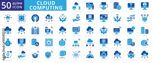 Cloud computing icon set of database, software, vendor, vpn, computer, security, internet, web, company, hardware, maintenance, server, firewall, cpu, information, algorithm, data center, software