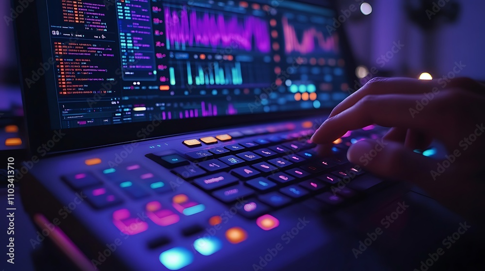 Close-up of fingers pressing shortcut keys on a mechanical keyboard, a complex spreadsheet formula highlighted in bold on a sleek laptop screen, vibrant data grids in the background, Close-up of fingers pressing shortcut keys on a mechanical keyboard, a complex spreadsheet formula highlighted in bold on a sleek laptop screen, vibrant data grids in the background,