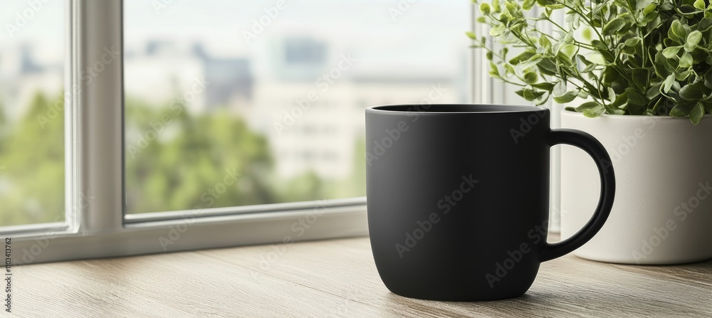 A black ceramic coffee mug sits on a wooden windowsill, plants in background lend homey feel