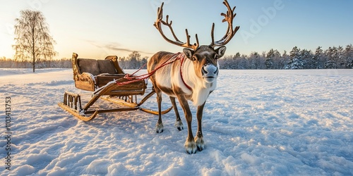 Reindeer pulling sleigh in snowy winter landscape at sunset