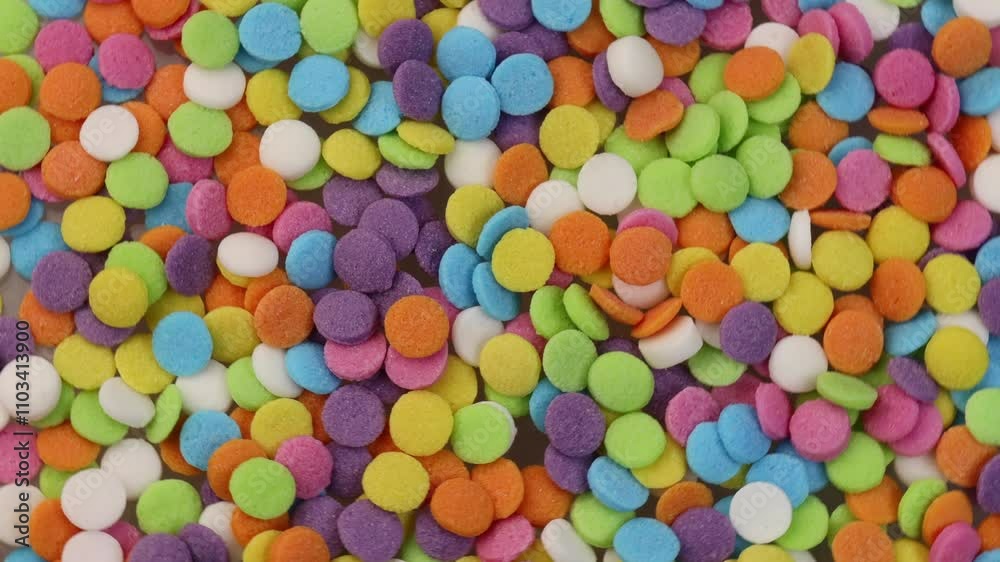 Texture of colored sprinkles round discs, rotation in circle. Colorful sugar sprinkles smooth surface, Turning. Sweet rainbow sprinkles, Multi colored candy decorations. Texture of colored sprinkles round discs, rotation in circle. Colorful sugar sprinkles smooth surface, Turning. Sweet rainbow sprinkles, Multi colored candy decorations.