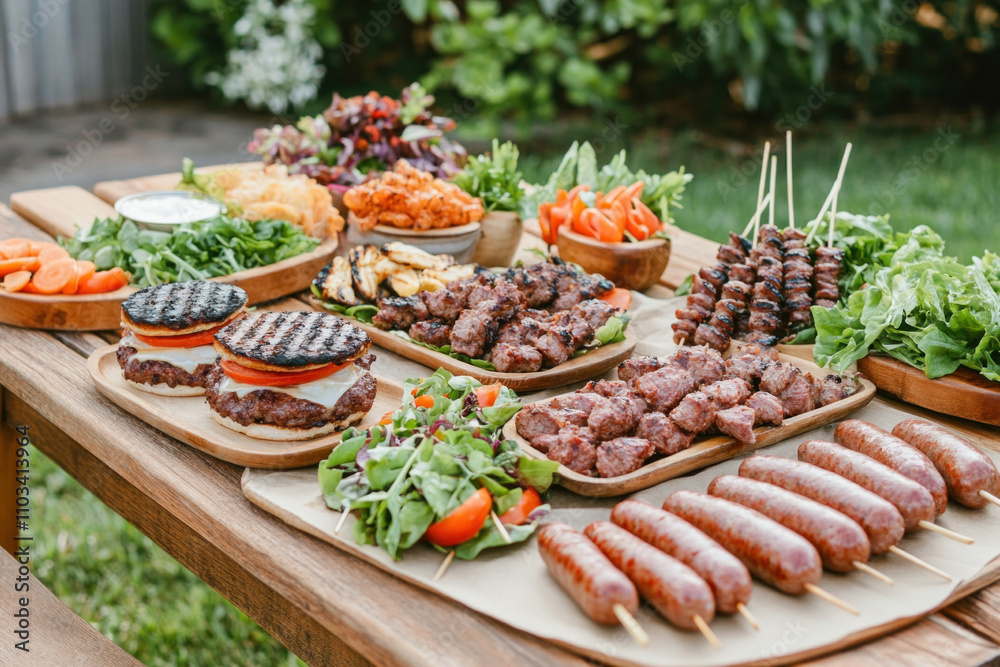 Obraz premium Delicious grilled burgers, sausages, kebabs, and salads filling a summer picnic table