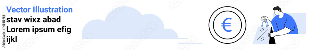 Man pouring water on a potted plant with money symbols, Euro currency icon, blue cloud background. Ideal for finance, investment, growth, economy, business development, savings future planning Man pouring water on a potted plant with money symbols, Euro currency icon, blue cloud background. Ideal for finance, investment, growth, economy, business development, savings future planning