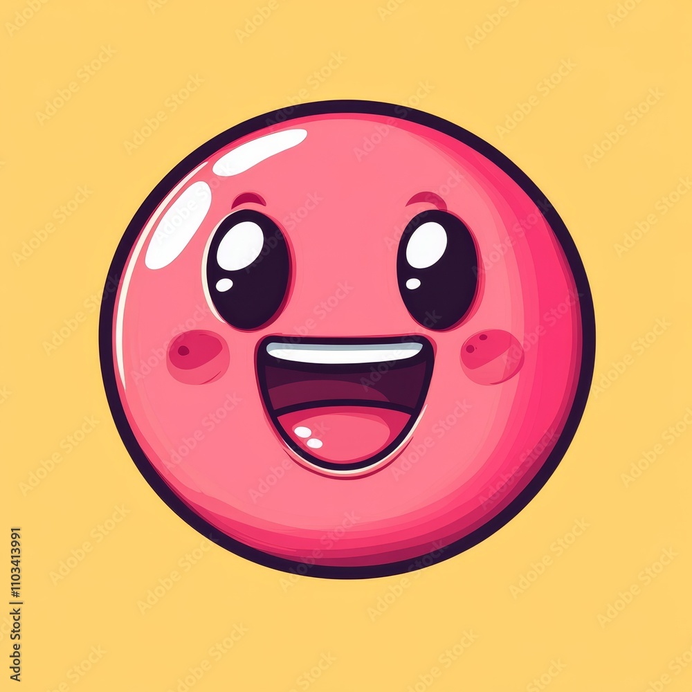 Fototapeta premium A vibrant pink smiley face with big eyes and a cheerful expression on a bright yellow background.