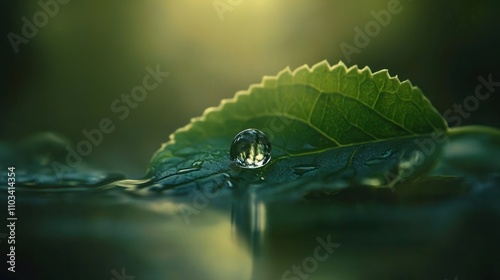 close-up of a leaf with a water droplet.