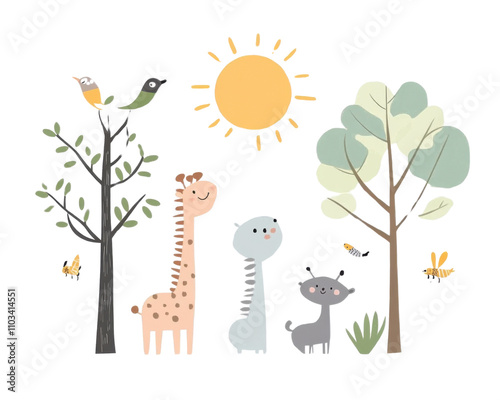 Cute animal characters under the sun with trees and birds, fun illustration. photo