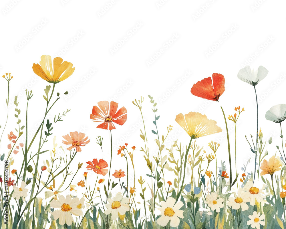 Colorful wildflowers with green stems against a white isolated background. Colorful wildflowers with green stems against a white isolated background.