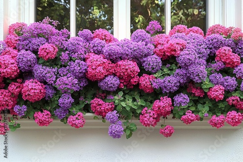 Cozy of  Purple Verbena flowers planted in the pot, summer teracce or window decoration. , isolated on white background,  , copy space, copy space for text, photo