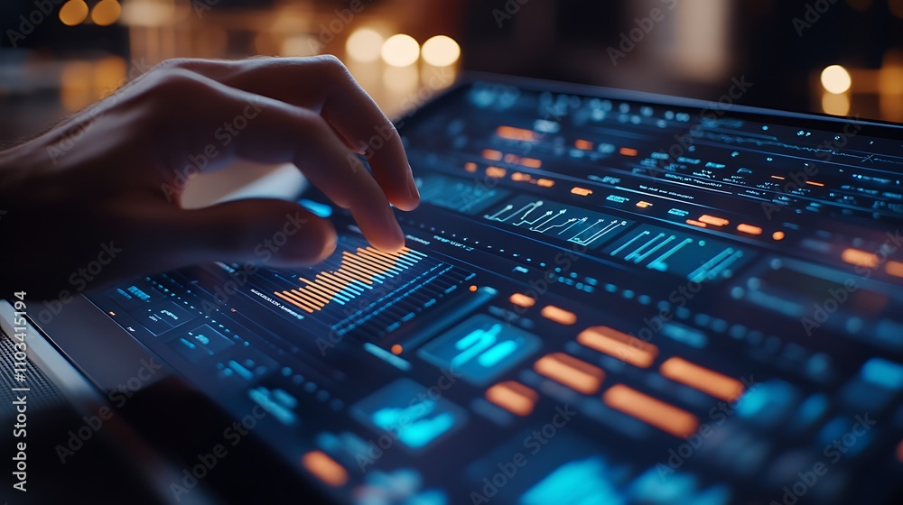 Close-up of hands interacting with a touchpad, resizing a spreadsheet window on a vibrant laptop screen, colorful data grids and charts in sharp focus, modern workspace with soft natural lighting,