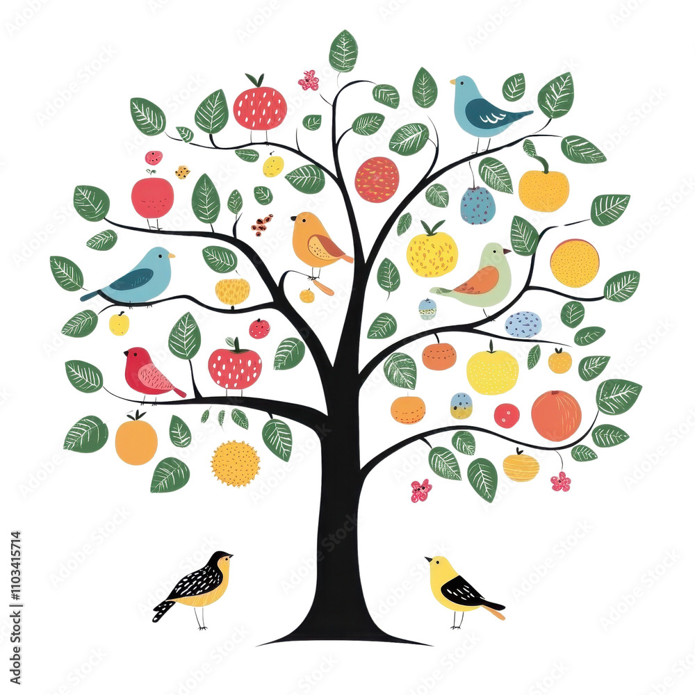 Obraz premium Colorful tree with various fruits and birds on a white isolated background.