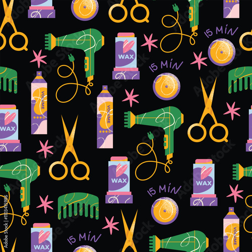 Seamless pattern cosmetics hair care routine. Beauty care for curly girl method. Hair care bottle styling, cleansing, treatment for kinky hair. Doodle style. Vector illustration isolated on background
