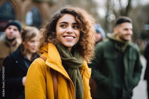 Portrait of a beautiful young woman with curly hair in the city