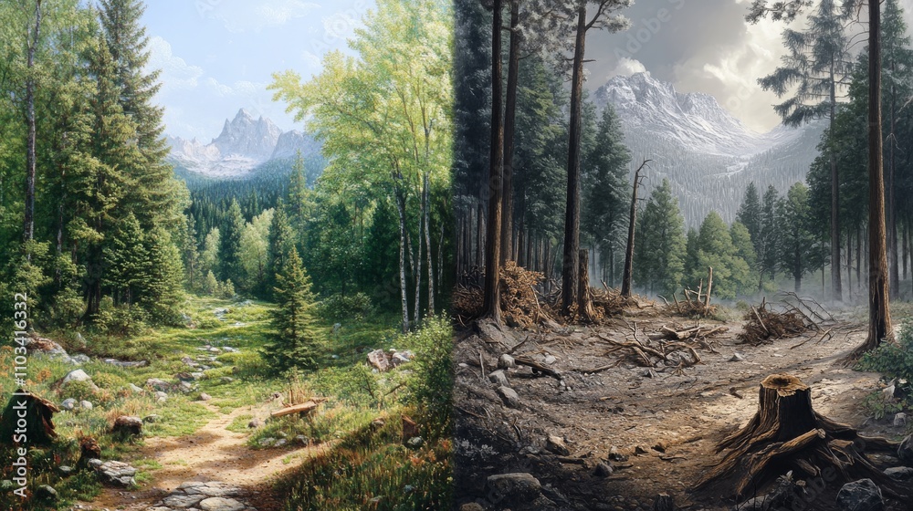 before after simulation, A lush, vibrant forest with tall green trees, The same location transformed into a barren wasteland with tree stumps, cracked earth, 16:9 before after simulation, A lush, vibrant forest with tall green trees, The same location transformed into a barren wasteland with tree stumps, cracked earth, 16:9