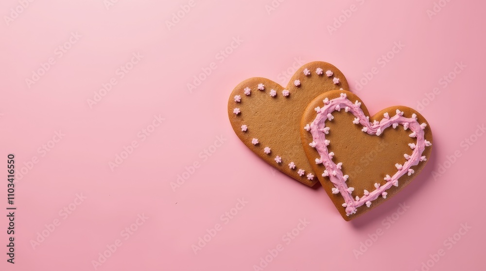 Two heart shaped gingerbread cookies with pink icing on pastel pink background. Flat lay composition with copy space Two heart shaped gingerbread cookies with pink icing on pastel pink background. Flat lay composition with copy space