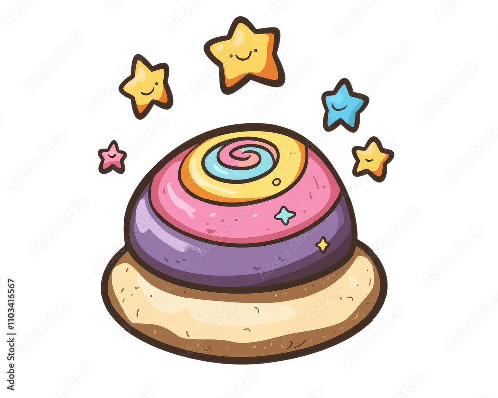 Colorful spiral candy with stars, whimsical design, white isolated background. Colorful spiral candy with stars, whimsical design, white isolated background.