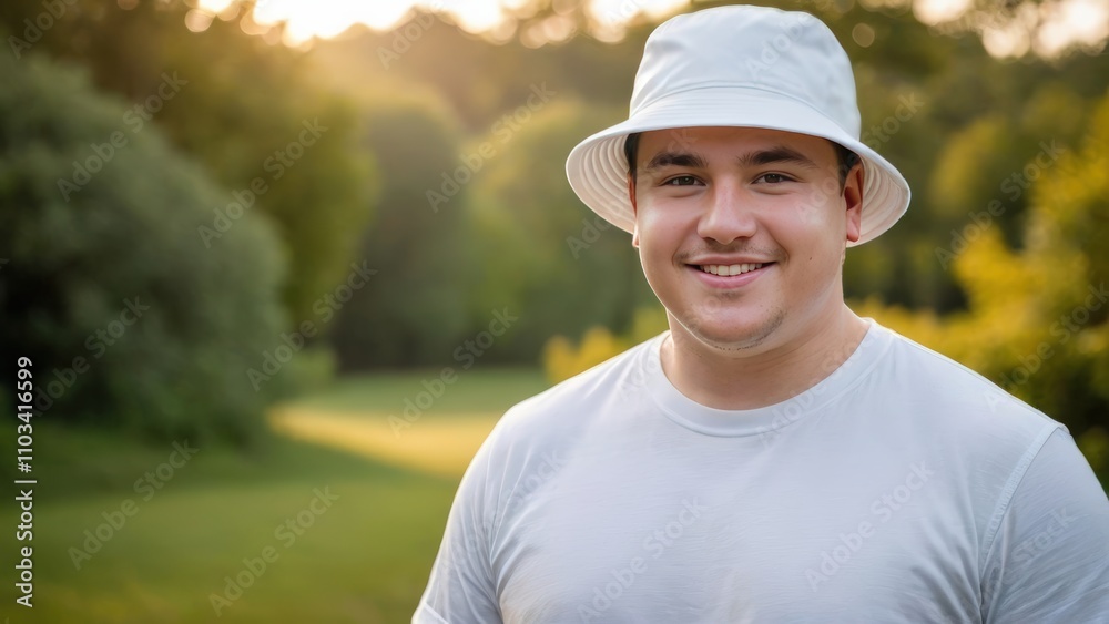 Plus size young man wearing white t-shirt and white bucket hat standing in nature Plus size young man wearing white t-shirt and white bucket hat standing in nature
