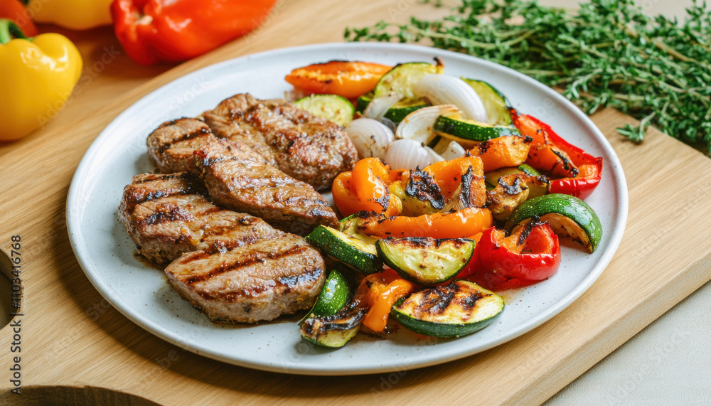 Grilled pork tenderloin with grilled vegetables on white plate Grilled pork tenderloin with grilled vegetables on white plate