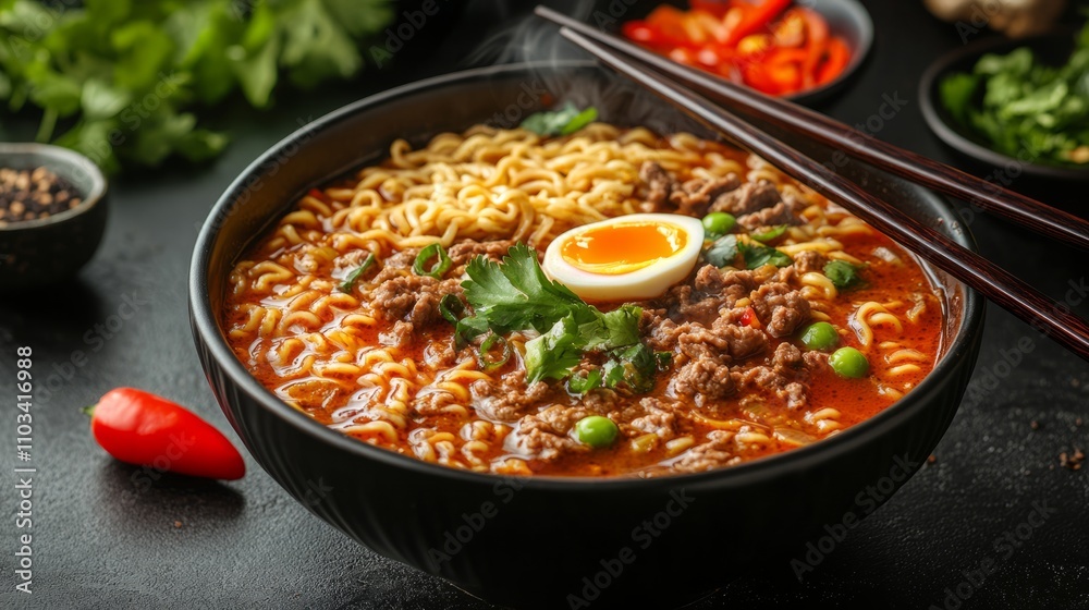 Stylish birria ramen with chopsticks detail Stylish birria ramen with chopsticks detail