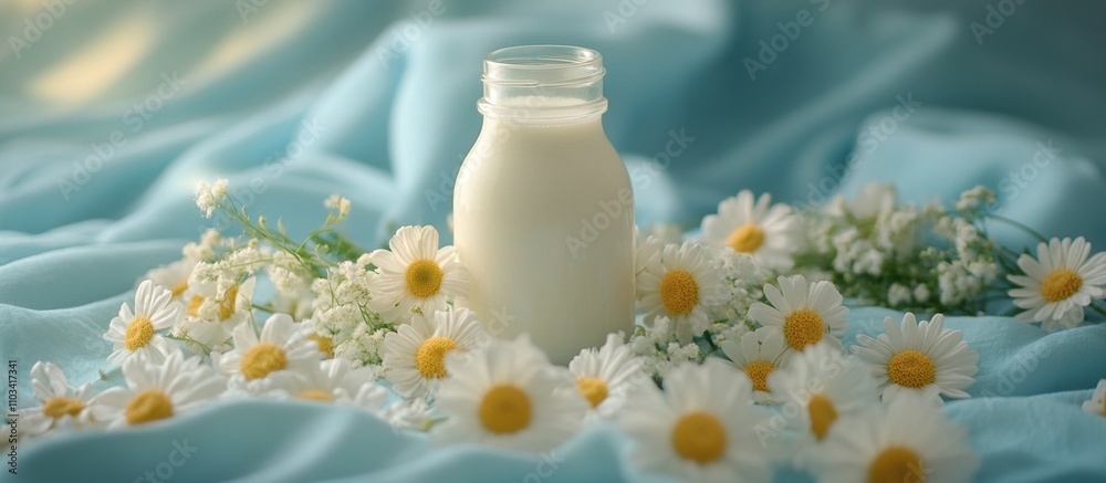 A glass bottle of milk surrounded by daisies on a soft blue fabric backdrop. A glass bottle of milk surrounded by daisies on a soft blue fabric backdrop.