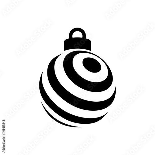 Decoración de Navidad. Logo con silueta de bola de navidad en espacio negativo con líneas curvas paralelas para tarjetas y felicitaciones