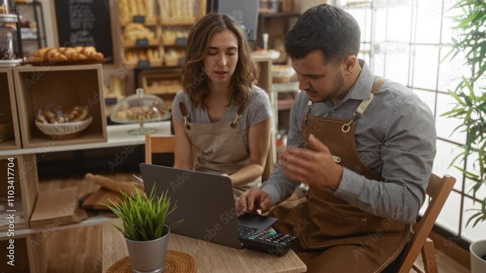 Concerned man and woman bakers calculating accounts on laptop in bakery interior