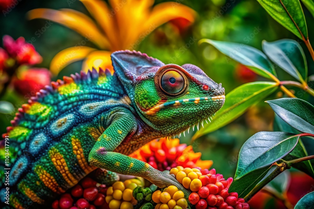 Obraz premium Captivating Art Life of a Chameleon in Nature: Block Print Style Depicting Vibrant Colors and Textures with a Rule of Thirds Composition for a Striking Visual Impact