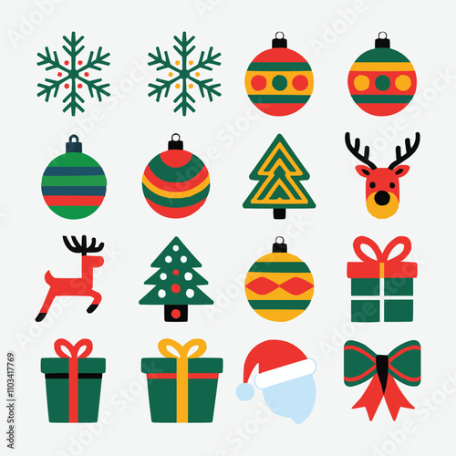 Set of christmas color decorations vector, set of christmas tree, christmas icons set, christmas snowflake icons