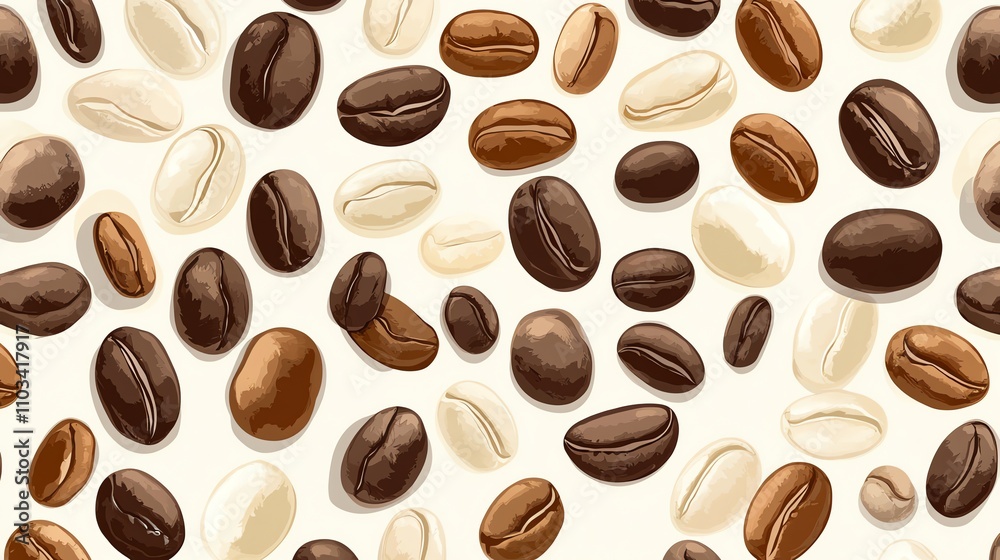 Obraz premium A seamless pattern of coffee beans in various colors.